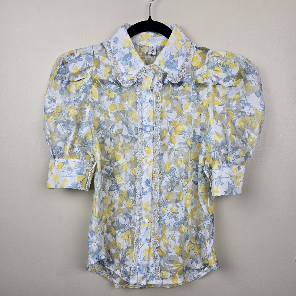 Storets Yellow Floral Button Down Blouse Size S